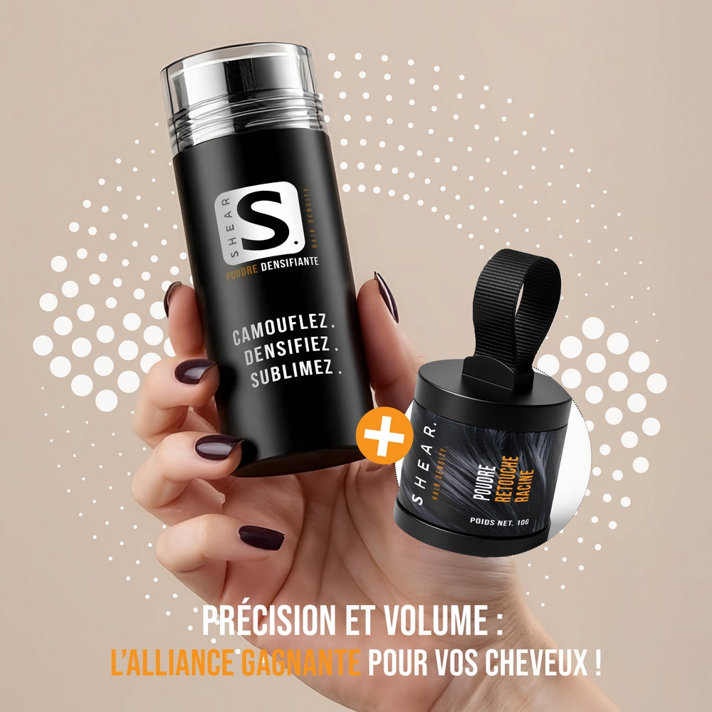 Coffret Retouche & Volume Instantané SHEAR® – poudre retouche racine 10g et poudre densifiante capillaire 28g pour camoufler les zones clairsemées et retrouver une chevelure dense immédiatement