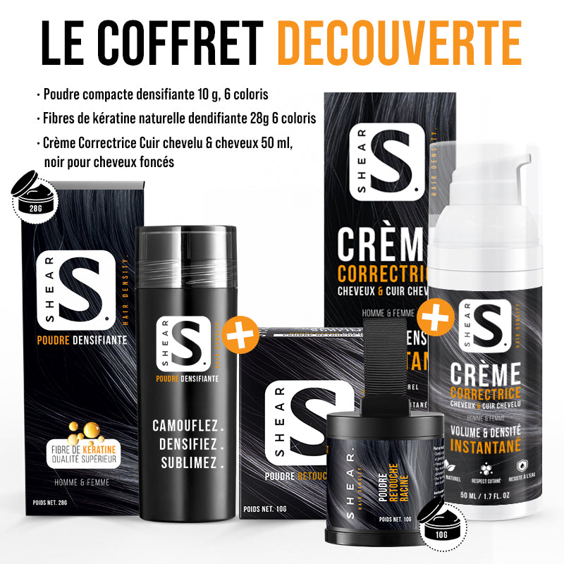 Coffret Retouche & Volume Instantané SHEAR® – poudre densifiante capillaire 28g et poudre retouche racine 10g pour un volume immédiat et un camouflage naturel des cheveux clairsemés