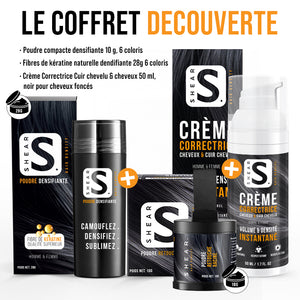Coffret Retouche & Volume Instantané SHEAR® – poudre densifiante capillaire 28g et poudre retouche racine 10g pour un volume immédiat et un camouflage naturel des cheveux clairsemés