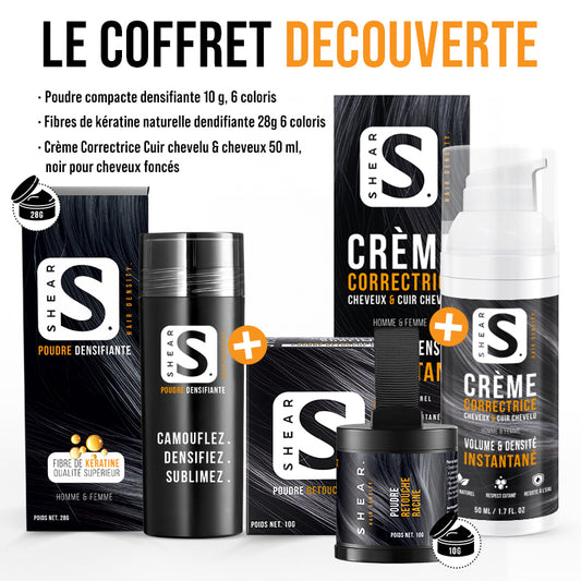 Coffret Retouche & Volume Instantané SHEAR® – poudre densifiante capillaire 28g et poudre retouche racine 10g pour un volume immédiat et un camouflage naturel des cheveux clairsemés