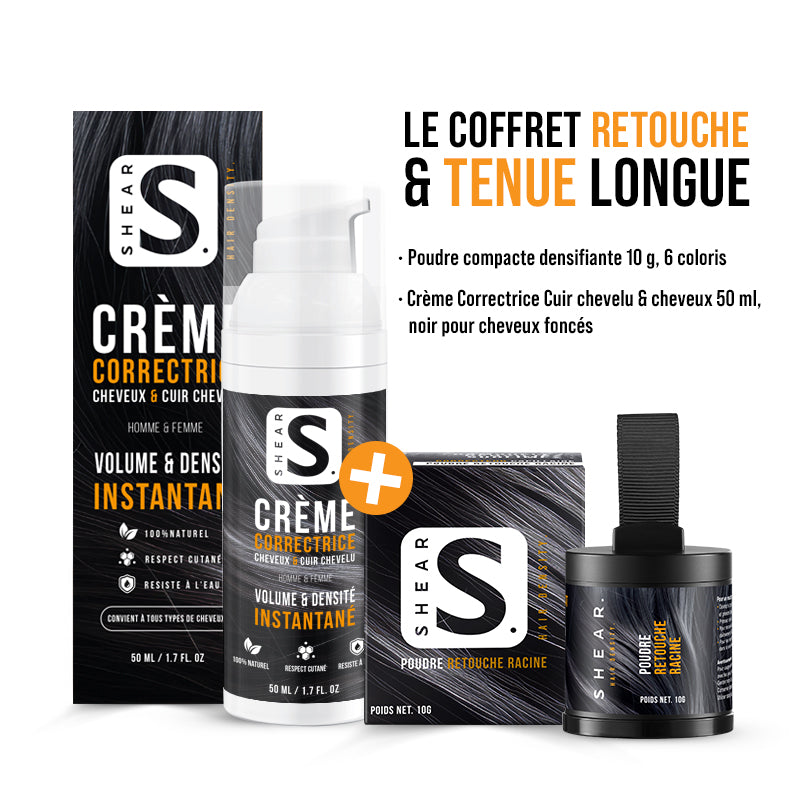 Coffret Retouche & Tenue Longue SHEAR® avec crème correctrice 50ml et poudre retouche racine 10g – densité capillaire instantanée et durable