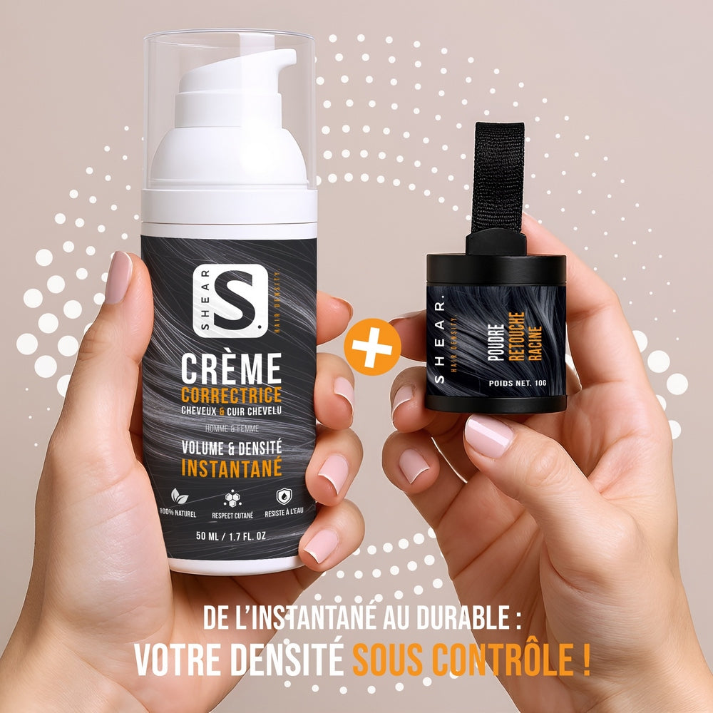 Coffret Retouche & Tenue Longue SHEAR® avec crème correctrice 50ml et poudre retouche racine 10g – densité capillaire instantanée et durable