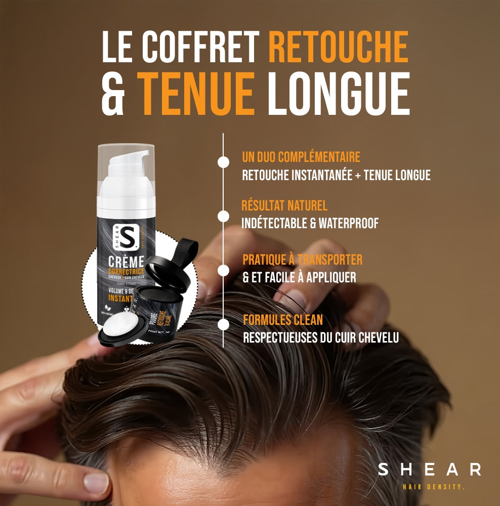 Coffret Retouche & Tenue Longue SHEAR® – crème correctrice 50ml et poudre retouche racine 10g pour une densité capillaire instantanée et longue durée