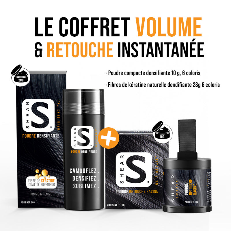 Coffret Retouche & Volume Instantané SHEAR® – poudre densifiante capillaire 28g et poudre retouche racine 10g pour un volume immédiat et un camouflage naturel des cheveux clairsemés