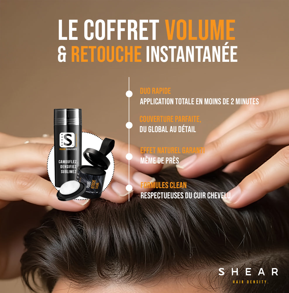 Coffret Retouche & Volume Instantané SHEAR® – duo poudre densifiante 28g et retouche racine 10g, application rapide en moins de 2 minutes avec résultat naturel et indétectable