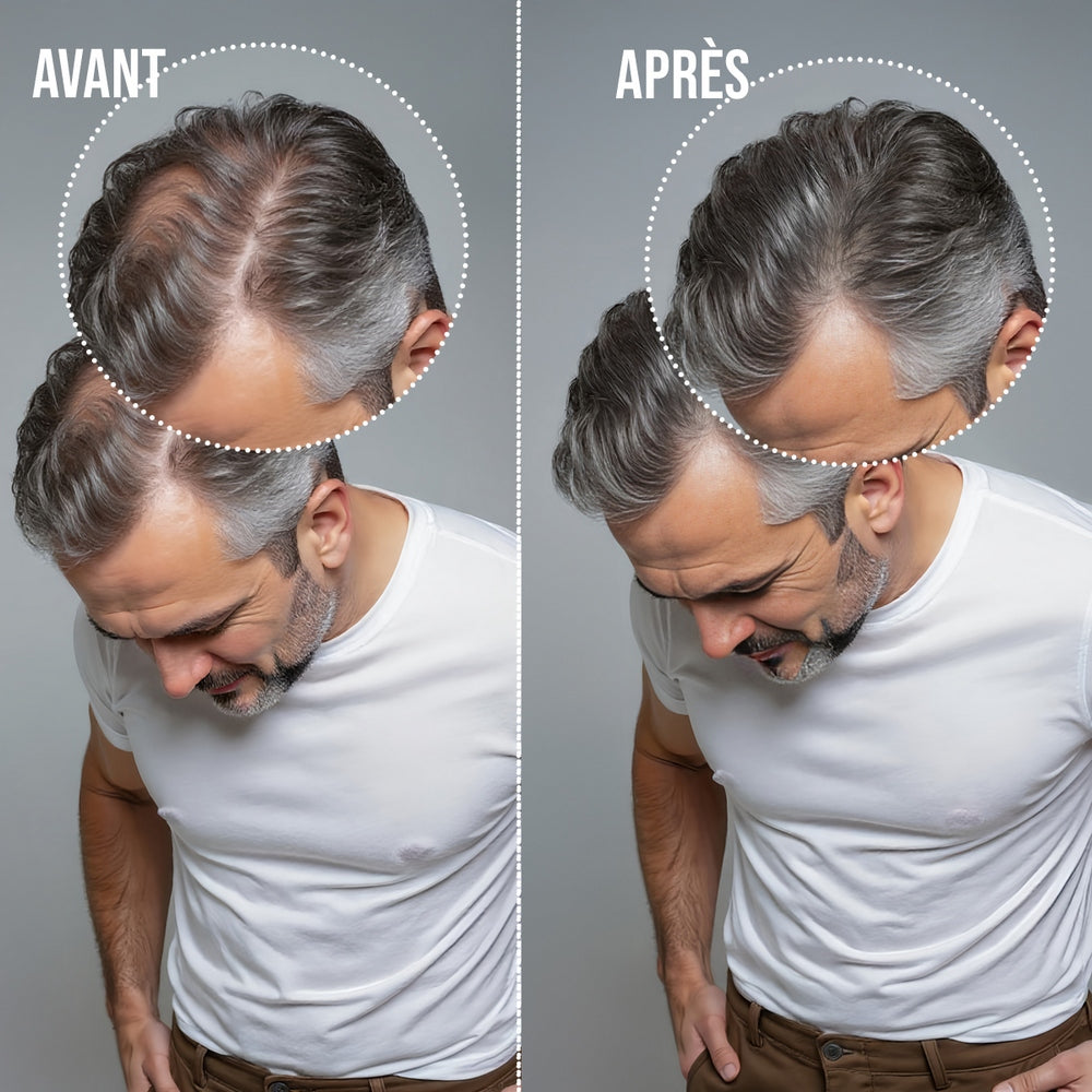 Résultat avant après avec la Poudre Densifiante Capillaire SHEAR® 28g – cheveux clairsemés densifiés instantanément