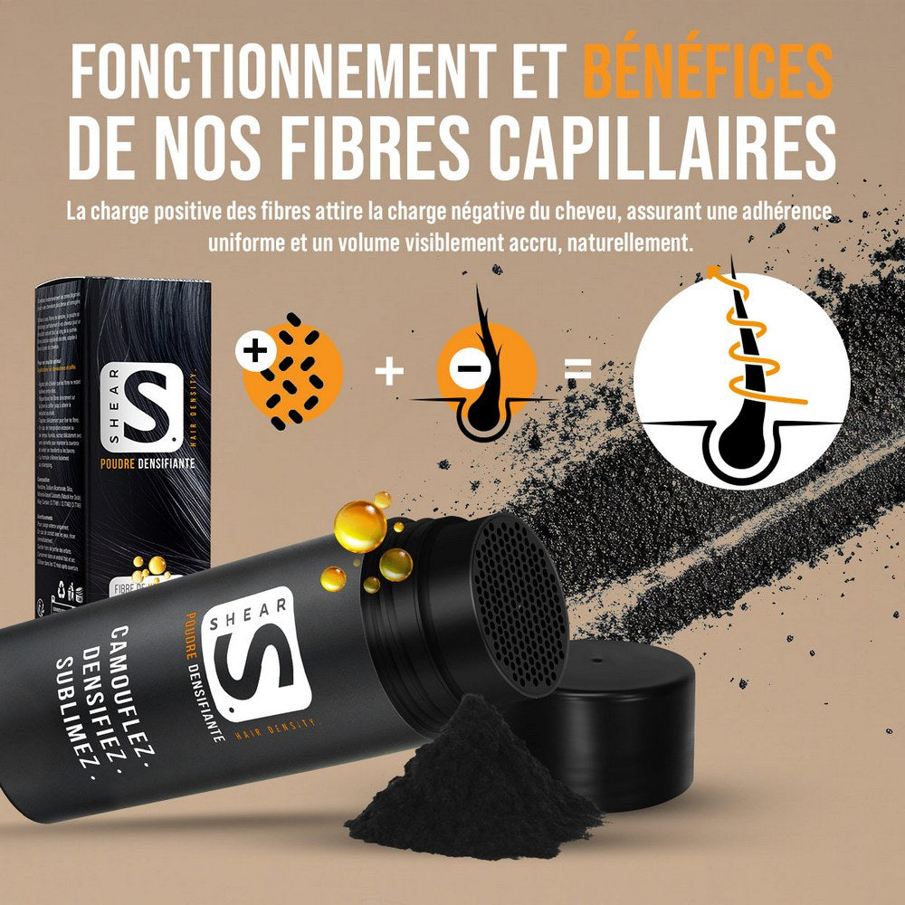 Fonctionnement des fibres capillaires SHEAR 28g - adhérence naturelle sur le cheveu pour un volume densifié et uniforme