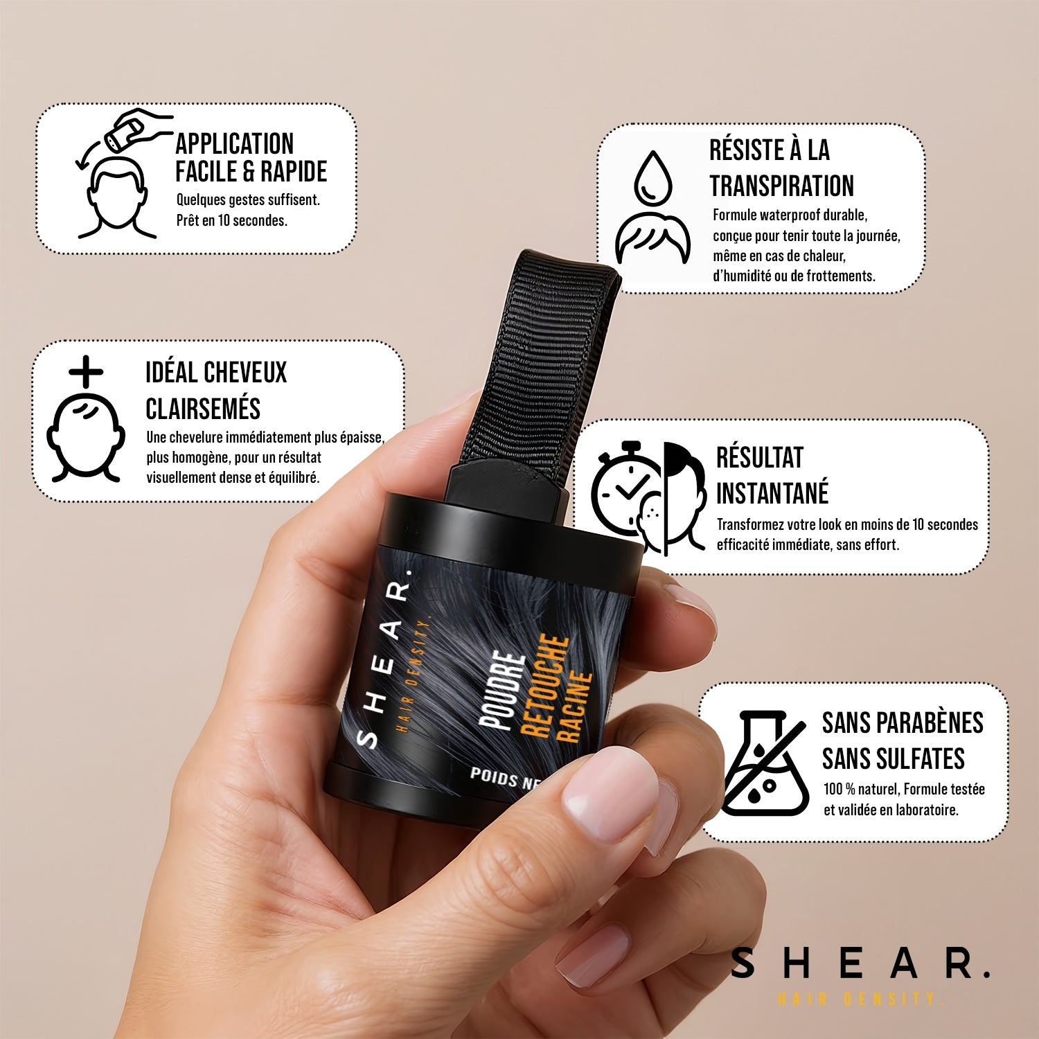 Application facile, résultat instantané et formule résistante à la transpiration pour cheveux clairsemés – SHEAR