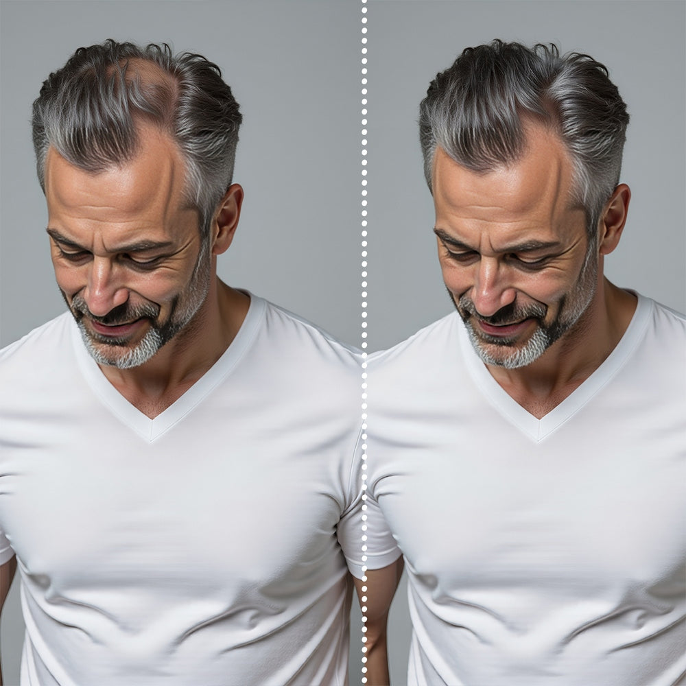 Avant après utilisation de la poudre retouche racine SHEAR - cheveux clairsemés densifiés et couvrance naturelle