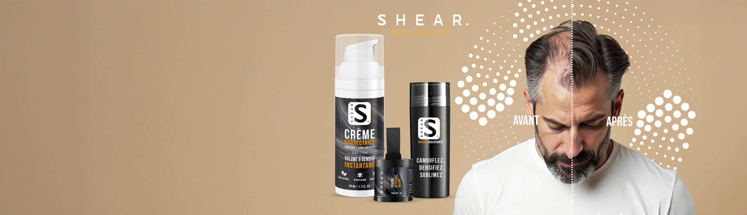 Correction capillaire Shear - résultat avant après grâce à la poudre retouche racine 10g et la crème correctrice 50ml