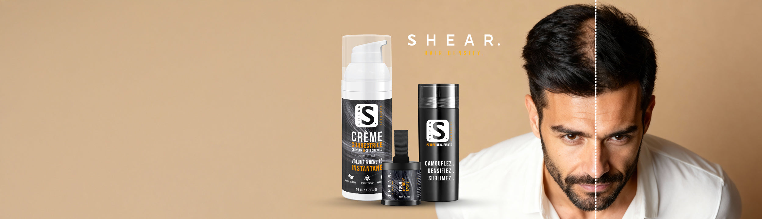 Correction capillaire Shear - résultat avant après grâce à la poudre retouche racine 10g et la crème correctrice 50ml