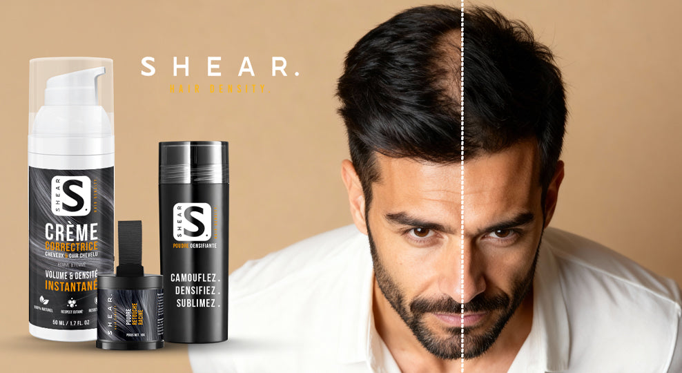 Shear la référence en correction capillaire - avant après perte de cheveux avec poudre densifiante et crème correctrice
